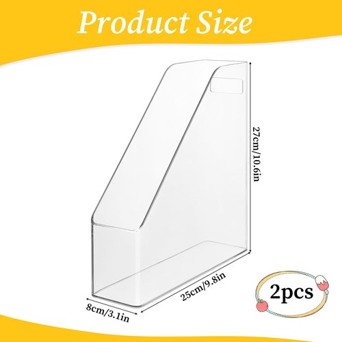 Zyghjort 2 Pack Clear Magazine File Holder, PET Magazine Shelf Desk Book Organizer Vertical Binder Storage Case for Home School Office Table Organization Supplies