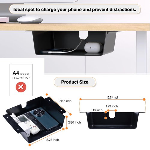 1 Pack Adhesive Under Desk Hanging Shelf Mount Drawer Organizer, Attachable Plastic Under Desk Storage Tray for Standing Desks, Tables, Workstations, Gaming, Cabinet, Increase Storage Space - Black