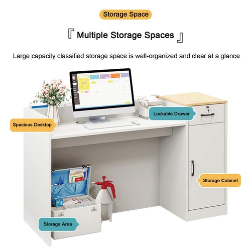 Modern Reception Desk, 39 inch Office Wooden Computer Front Counter Table, Reception Room Table with Lockable Drawer & Shelves, for Checkout, Lobby, Salon and Office (White, 39 x 21.6 x 35.4 in)
