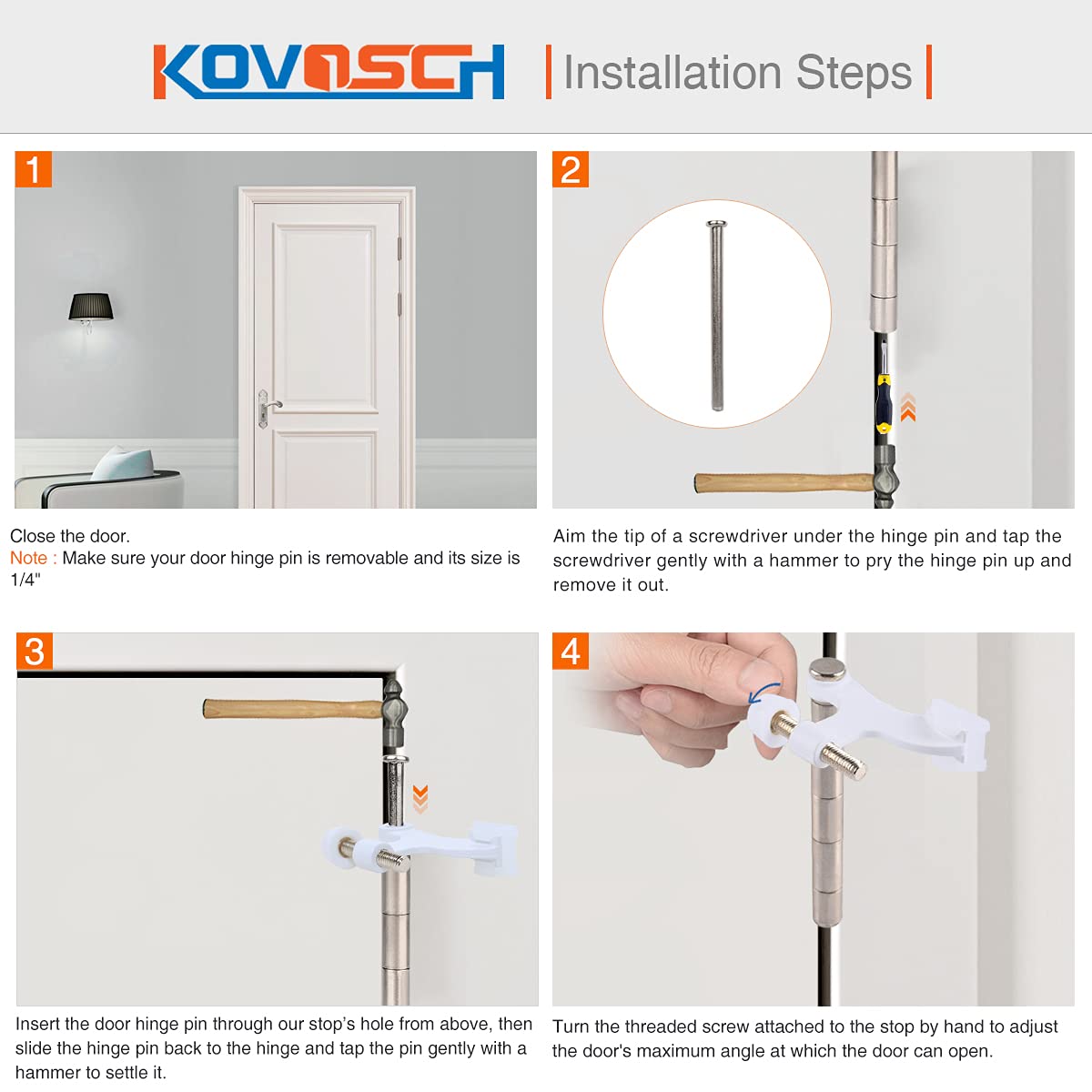 KOVOSCH 2 Pack Hinge Pin Door Stopper White - Adjustable Heavy Duty Hinge Pin Door Stop with White Rubber Bumper Tips