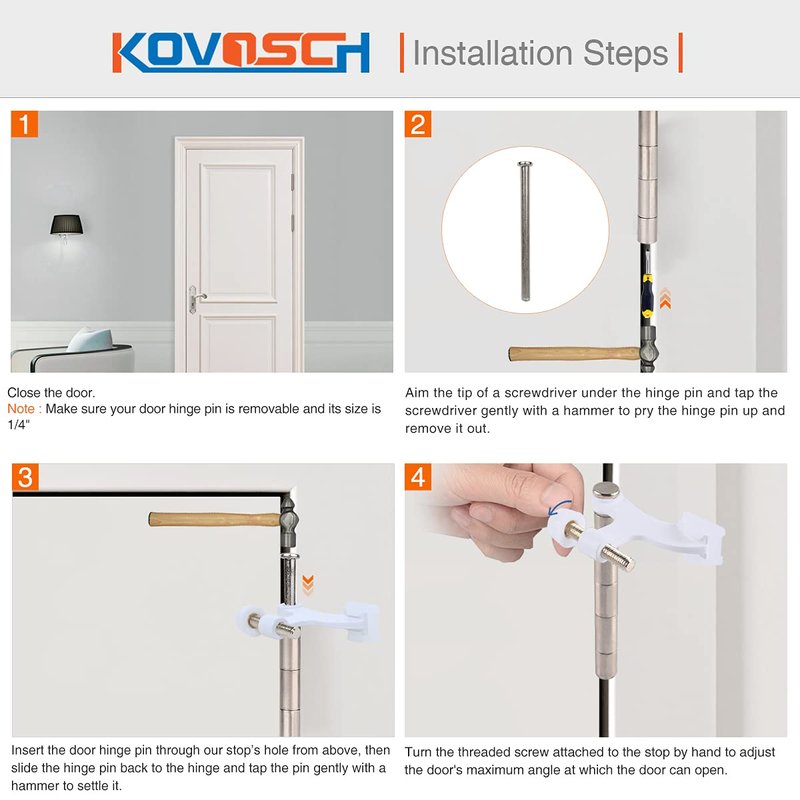 KOVOSCH 2 Pack Hinge Pin Door Stopper White - Adjustable Heavy Duty Hinge Pin Door Stop with White Rubber Bumper Tips