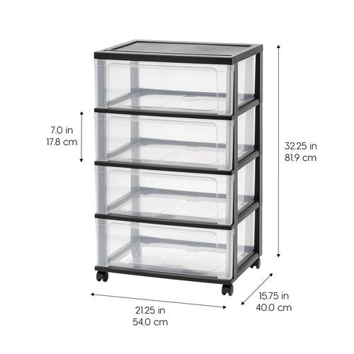 IRIS USA Plastic Drawer Storage Organizer Rolling Cart, with Wheels Casters, 4-Drawers, for Art Craft Supplies Bathroom Dorm Bedroom Laundry Room, Wide, Black