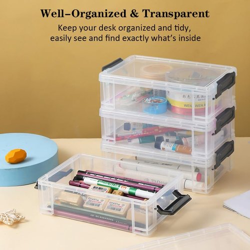 LATEEFAH Pencil Case, 4 Pack Plastic Pencil Box Clear Marker Organizer Storage Containers with Lids, Extra Large Stackable Storage Boxes for Crafts, Home, Office Supplies