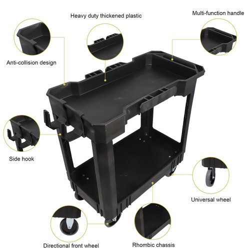 Aain 2 Shelf Heavy Duty Plastic Utility Cart, Supports Up to 500 Pound Black Rolling Utility Cart. 34 x 17 Inch Service Cart, 2 Fixed 2 Swivel Wheels, Ergonomic Handle Great for Warehouse, Garage.