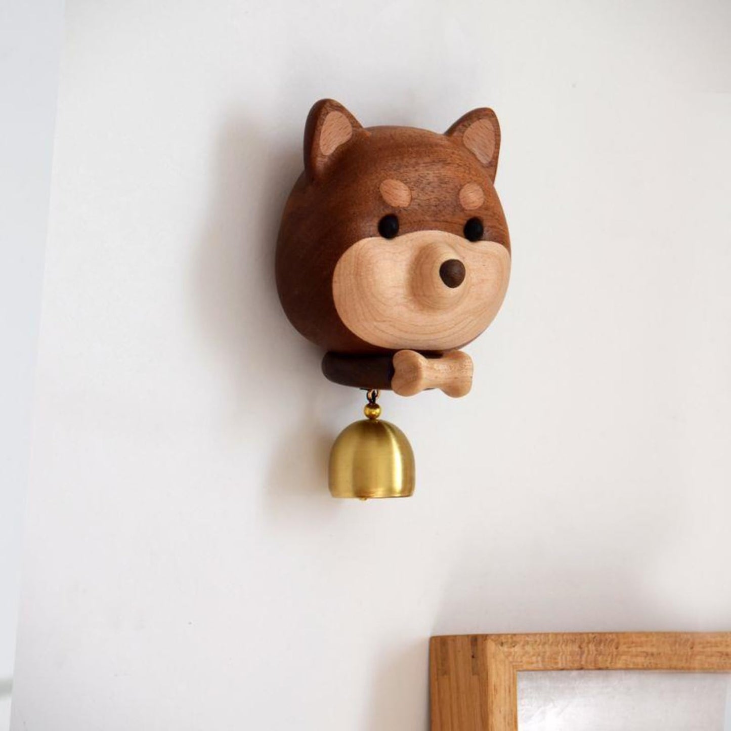 NADEnVIE Shiba Dog Shape Wooden Door Bell - Black Walnut Cartoon Doorbell - Dopamine Wind Chime Suction Ornament - WoodyBeing Shopkeepers Bell for Door Opening