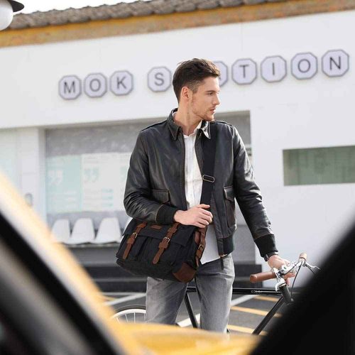 Kattee Military Messenger Bag Canvas Leather Shoulder Bag Fits 13.3 Inch Laptop Black