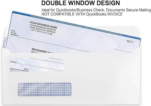#8 Double Window Security Check Envelopes | QuickBooks Compatible - 3.625" x 8.6875" - 500 Pack