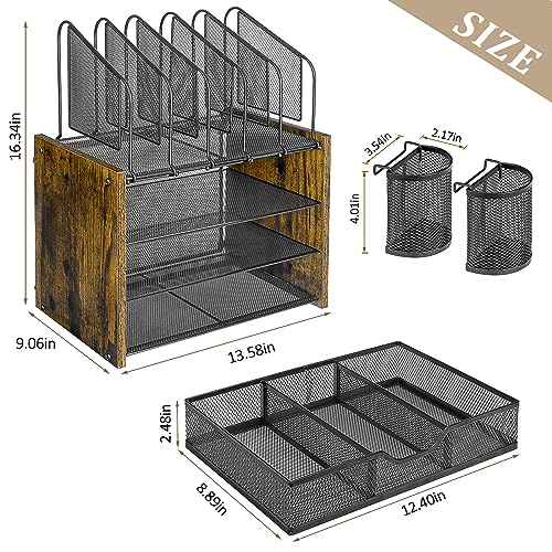 4-Tier Mesh Desk Organizer, Wooden Desk File Organizer with 5 Vertical File Holders and 2 Pen Holders, Desktop Organizers and Accessories with Drawer for Home Office