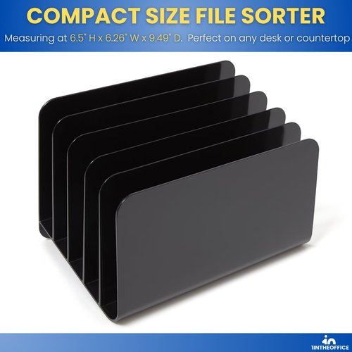 1InTheOffice Inclined File Organizer Desktop, Desk Organizer File Sorter, Plastic Incline Desktop File Sorter, 5 Compartments, Black