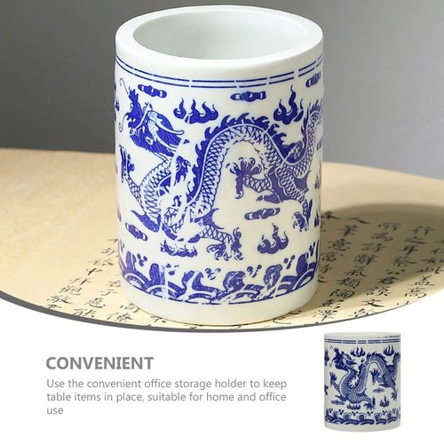 Ceramic Pencil Holder Pen Storage Container, Multifunctional Desktop Organizer for Home Office School, Blue White Decorative Pen Holder, 4.72 X 3.93 Inches