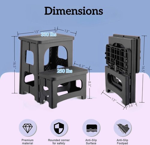 2 Step Stool Foldable, Non-Slip Steps, Folding Step stool for Adults & Kids, Plastic Step Stool Pool Ladder, Collapsible Stools 2 Step Ladder for Kitchen Toilet Bedroom Office RV, Holds 330 lbs, Black