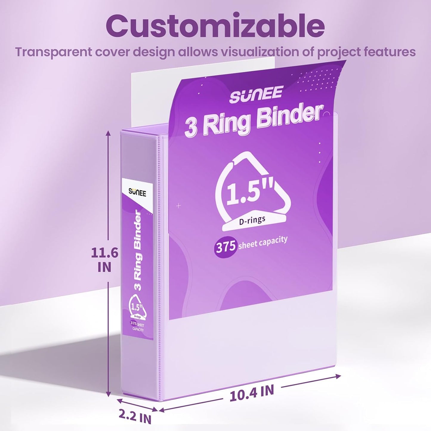 SUNEE 3 Ring Binder - 1.5 Inch D Ring, PVC-Free Clear View - Light Purple, 2 Pack for School & Office