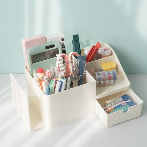 Shoccolt Desk Organizer with Drawer Large Capacity Bookends Stationary Supplies Bookshelf Accessories Pen Holder Caddy Makeup Storage Plastic Book Organizer (Large, Beige)