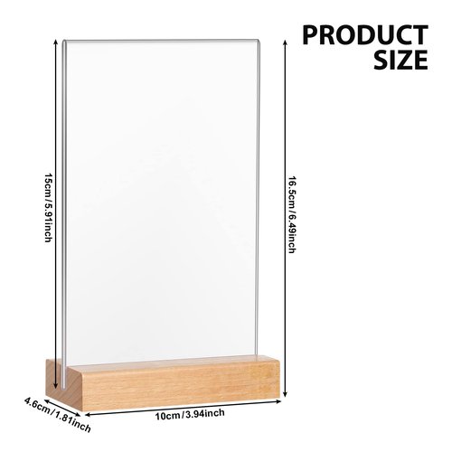 Maitys 10 Pack Acrylic Sign Holder 4 x 6.5 Inch Clear Double Sided Table Sign with Wooden Base T Shape Menu Display Stand for Wedding Restaurant Office Hotel Front Desk Store Tabletop