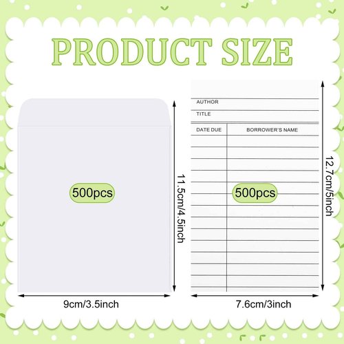 Harloon 1000 Pcs Library Cards Pockets and Library Checkout Cards, Self Adhesive Book Pockets Personal Reading Kit Due Date Envelope Sleeves for Classroom Office CDs DVDs Gift Tag