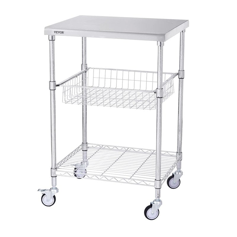 VEVOR Kitchen Utility Cart, 36.6"x20"x24" 3 Tiers Wire Rolling Cart, 470LBS Capacity Steel Service Cart with Brake Wheels, Storage Trolley with 76mm Basket PP Liner 6 Hooks, for Indoor & Outdoor Use