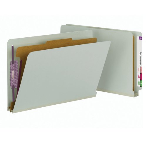 Smead 100% Recycled End Tab Pressboard Classification File Folder with SafeSHIELD Fasteners, 1 Divider, 2" Expansion, Legal Size, Gray/Green, 10 per Box (29800)