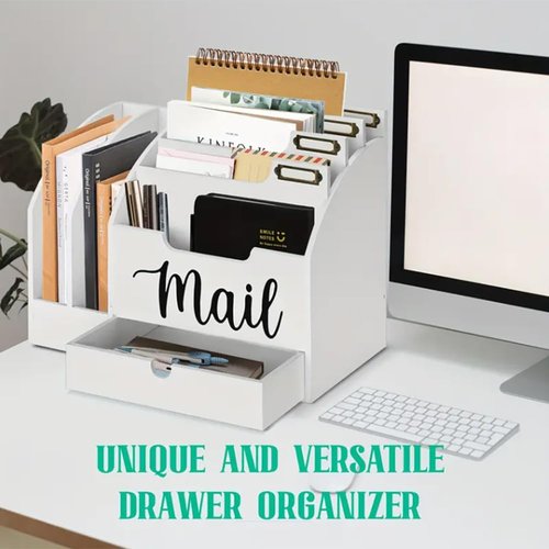 Niciksty Wood Desktop Mail Organizer, Fantasyon Mail Organizer Countertop with 6 Compartments and Drawer, Wood Desk Drawer Organizer for File Letter Paper Folder, White