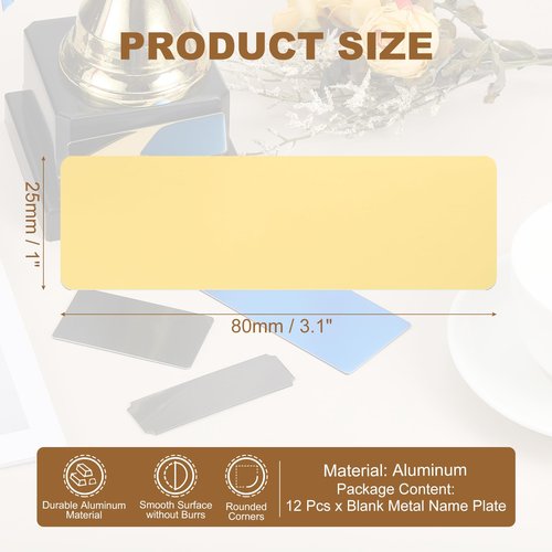 uxcell 12 Pcs Blank Name Plates, 3.1 x 1" Engraved Metal Name Plate Laser Strong Adhesive Nameplate Anodized Aluminium Custom Blank Plates for Signs DIY Crafts, Gold