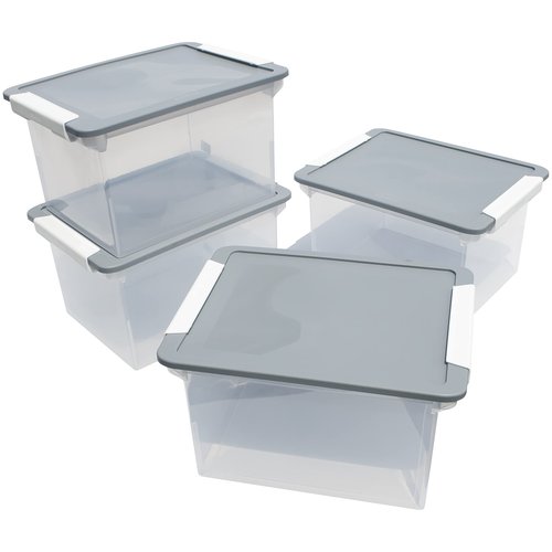 Storex Portable File Tote with Locking Handles, Letter/Legal Files, 18.5" X 14.25" X 10.88", Clear/Silver