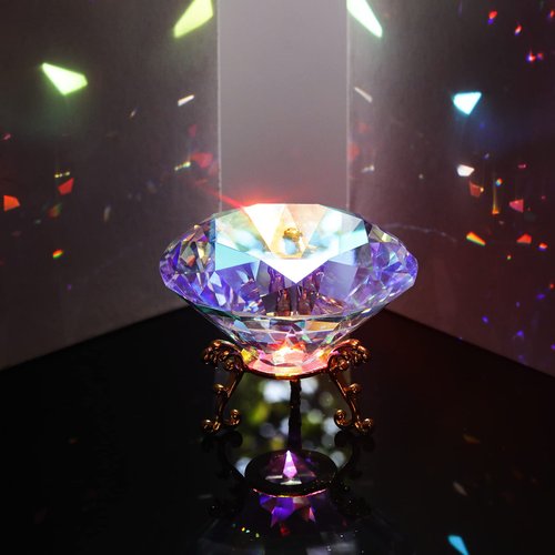SWTHONY 80mm(3.15 inch) Crystal Big Fake Diamond Paperweight Rainbow Maker, Background for Nail Pictures, with Gold Metal Base Home Decor (AB-Coated)