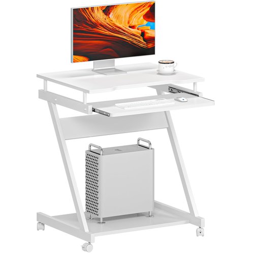 SogesGame Mobile Compact Computer Desk Cart for Small Spaces, Work Workstation, Standing Laptop Cart with Keyboard Tray and Printer Shelf for Home, Office, White