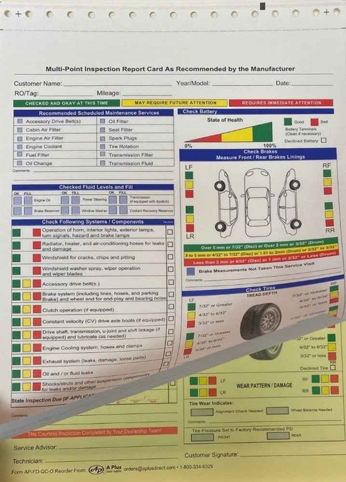 A Plus Dealer Supplies Multi Point Inspection Form - 2 Part - AP-FD-QC-O - 500 Quantity (P8*)