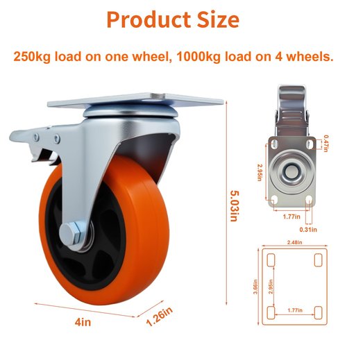 Htudcoue 6 Pcs 4 Inch Heavy Duty Casters,with Brake and Swivel Locking,6 casters Load Capacity 3300 lbs, for Furniture, Workbenches, Carts, Etc.