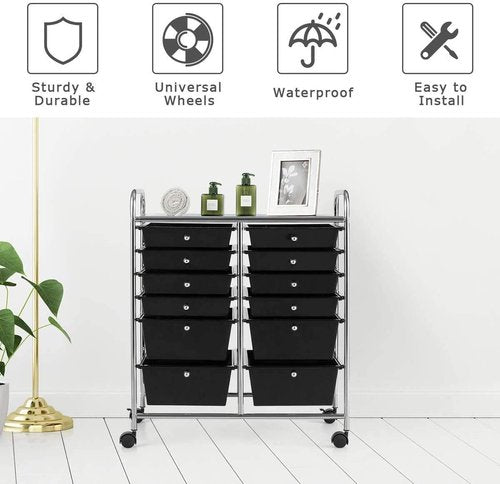 SPSUPE 12-Drawer Rolling Storage Cart, Utility Cart Storage Shelves with 4 Universal Wheels, Tools Scrapbook Paper Organizer, Ideal for Home Kitchen Office Organizing (Black)