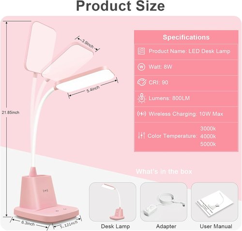 Sailstar Pink Desk Lamp - Wireless Charger & Pen Holder | Dimmable LED with Flexible Arm for Home Office & Kids