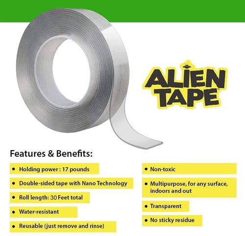 ALIEN TAPE Double Sided Tape Heavy Duty, Nano Tape, Double Sided Mounting Tape, Heavy Duty Double Sided Tape for Walls, Wall Tape, Clear Adhesive Tape for Poster Photo Wall DΓ©cor As Seen on TV 30 Feet