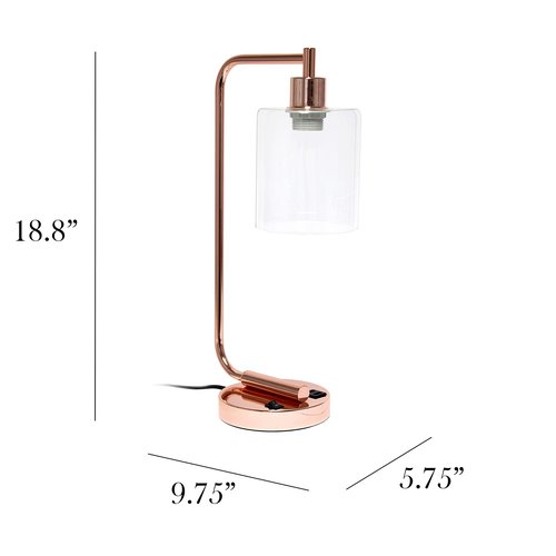 Simple Designs LD1066-RGD-LB Industrial Vintage Bronson Iron Lantern Desk Table Lamp with USB Port and Glass Cylinder Shade for Office, Living Room, Bedroom, Rose Gold, with Feit LED Bulb Included