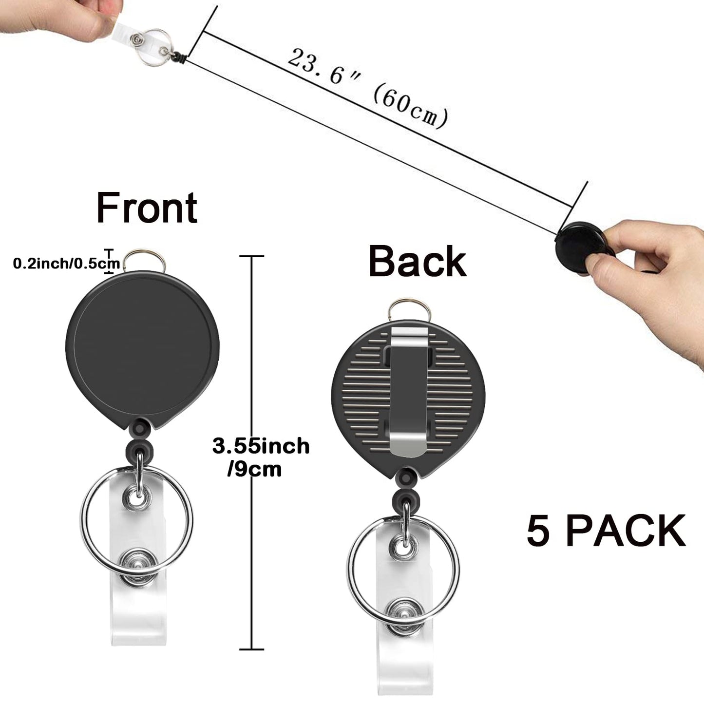 AIWOQI 5 Pack Black Retractable Badge Reels for Lanyards,Nurses,Badge Holder,Reel Retractable with Metal Ring, with Clip