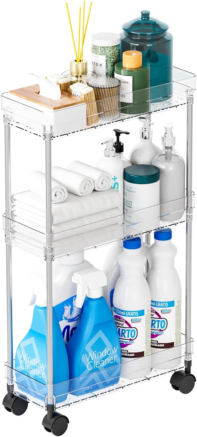 Yieach Clear 3-Tier Slim Rolling Storage Cart - 6.3" Wide Thin Shelves for Small Spaces | Bathroom & Laundry Use