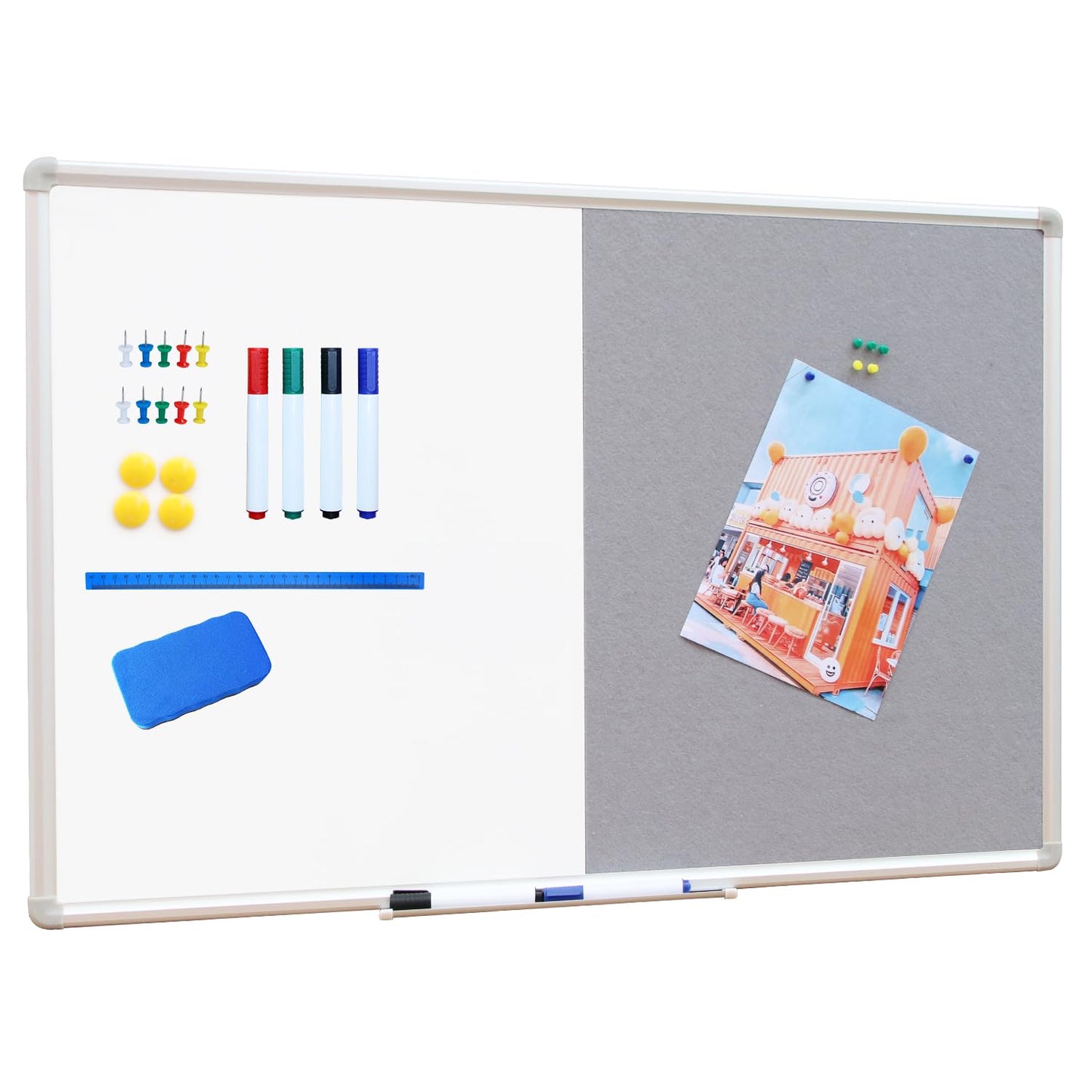 DEVELOP Large Grey Felt Bulletin & Magnetic Dry Erase Combo Board, 72 x 36 Inch Hanging Whiteboard/Grey Felt Bulletin Combination Board with Marker Tray, Pins, Eraser, Markers & Magnets