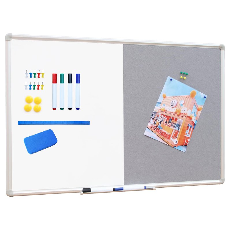 DEVELOP Large Grey Felt Bulletin & Magnetic Dry Erase Combo Board, 72 x 36 Inch Hanging Whiteboard/Grey Felt Bulletin Combination Board with Marker Tray, Pins, Eraser, Markers & Magnets