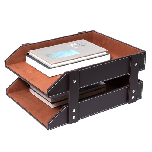 Leather Desk Organizer, Letter Tray Holder with Accessories, 2-Tier Stackable Office Supplies Desktop Storage Box for Documents Notebooks Magazines