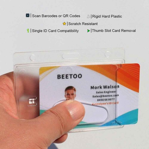 Bulk 50 Pack Hard Plastic Badge Holder-Horizontal Heavy Duty ID Card Holder for Badges-Rigid Case Single ID Protector with Easy Access Thumb Slot for Clips,Lanyards & Reels-Frosted Clear by BETOOM
