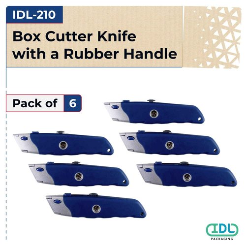 IDL Packaging IDL-210 HD Retractable Box Cutter (Pack of 6) - Heavy-Duty Knife with Push Tab and Lock Function - Handy Box Opener with Razor Blades for Cardboard, Cartons