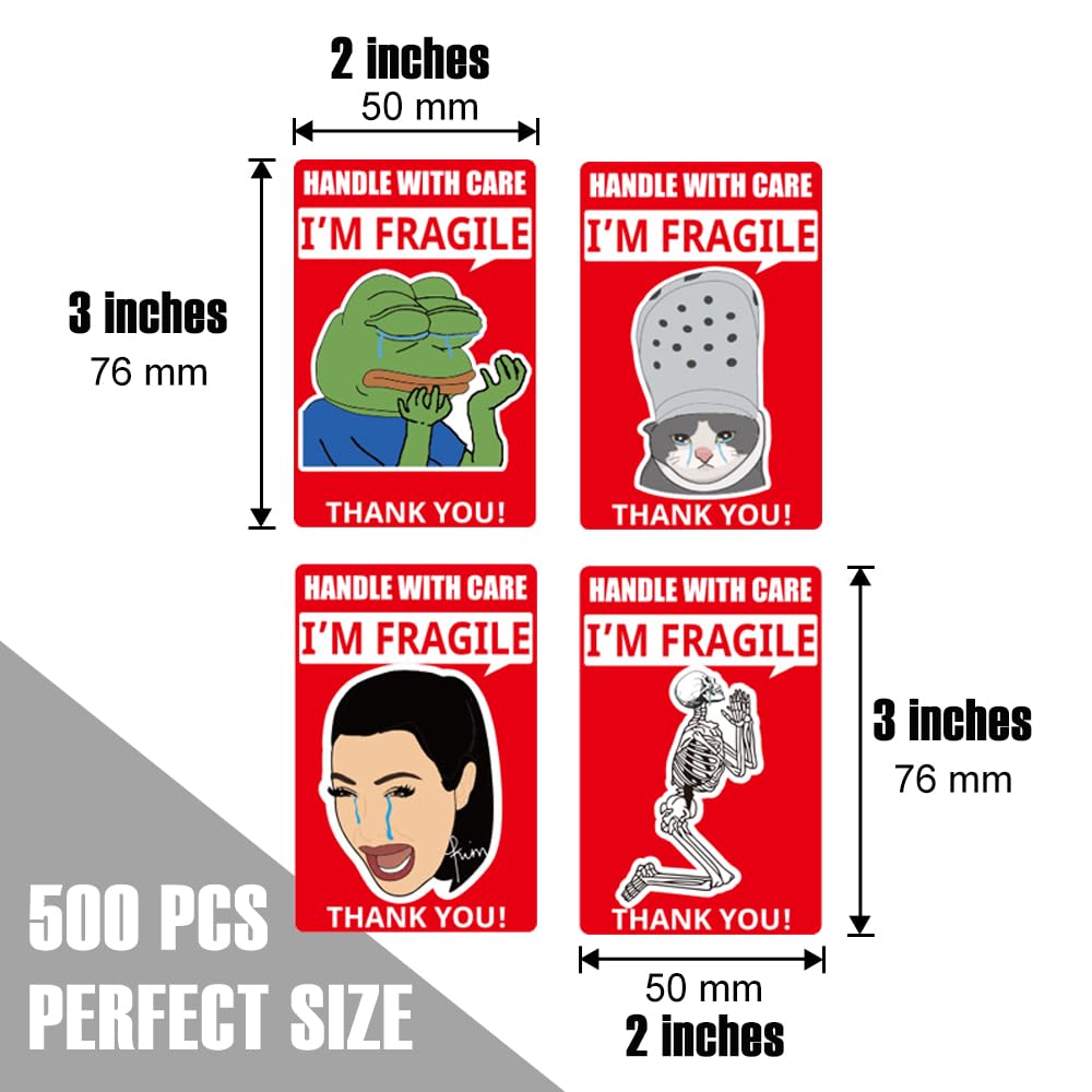 3x2 Inch Funny Fragile Stickers for Shipping - Cry Meme Design, 500 Strong Adhesive Labels, Handle with Care Stickers for Moving and Packaging (1 Roll)