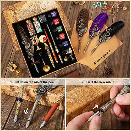 Quill Pen and Ink Set - Mechanical Punk Feather pen - Wooden Dip Pen - Glass Drawing Pen - Multi Ink Calligraphy Pen Set - Basic Wax Seal Stamp Kit- 17 Calligraphy Nibs£¨Grey£©