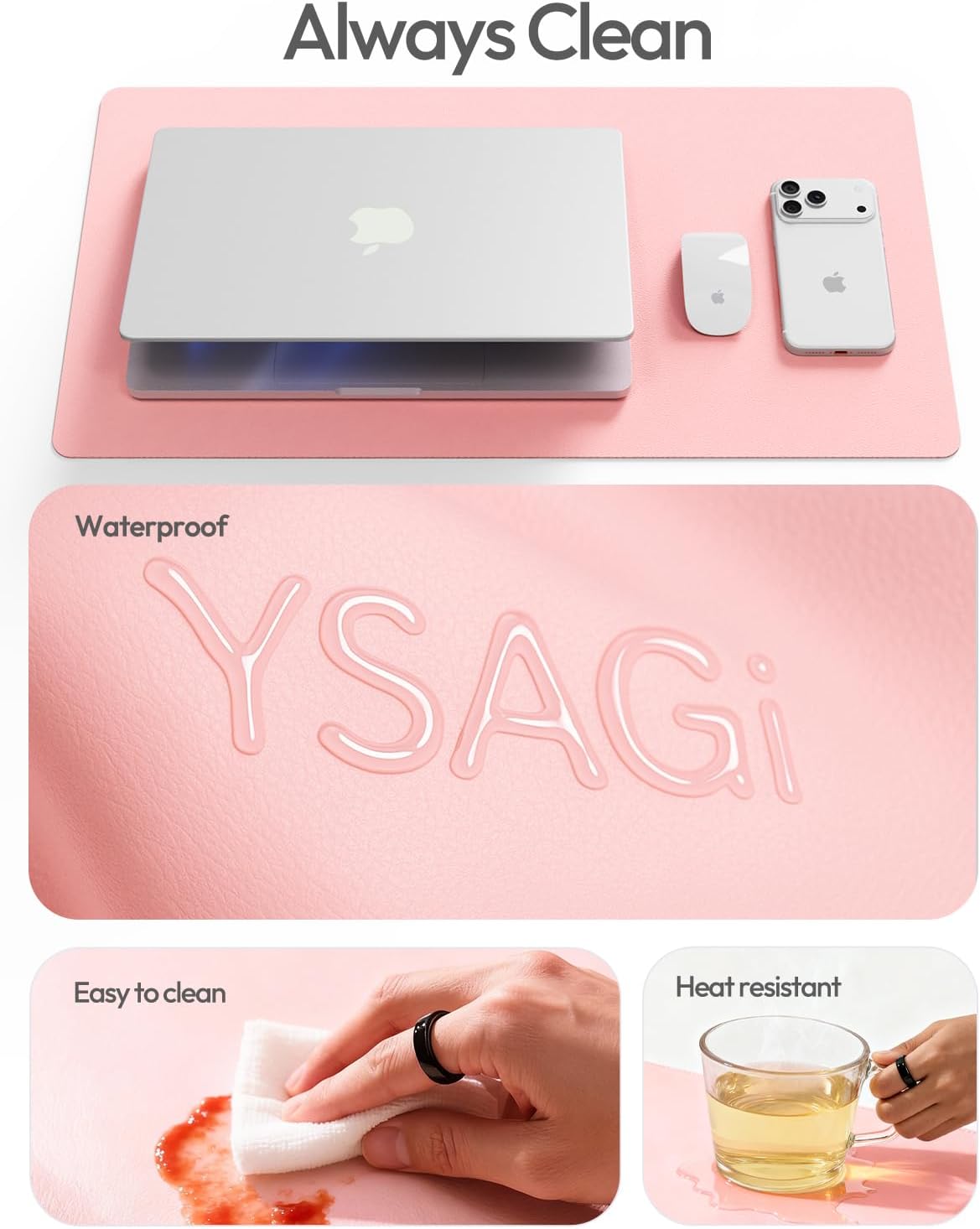 YSAGi Leather Desk Protector - Large Non-Slip PU Leather Office Mat | Waterproof Laptop Pad (Light Pink, 35.4" x 17")