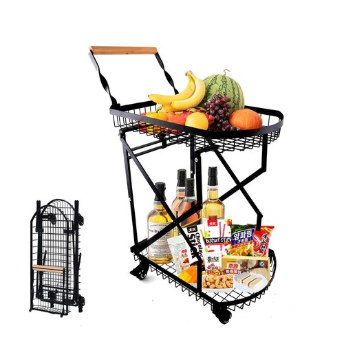 QAVODB Multi Functional Collapsible Carts, 2-Tier Foldable Storage Cart Metal Utility Cart with 360° Rolling Swivel Wheels Folding Kitchen Storage Organzier Cart for Classroom Bedroom Living Room