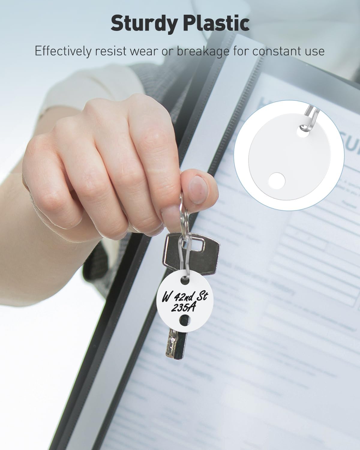 Uniclife Key Tags - 50 Pcs 1-Inch Plastic Double-Sided Writable White Tags with Metal Snap Hooks | Durable Home & Office Identifiers