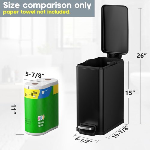 Veelesa Slim Bathroom Trash Can with Lid Soft Close, 2.6 Gallon Stainless Steel Garbage Can with Removable Inner Bucket, Durable Step Pedal, Small Trash Bins for Toilet, Bedroom, Kitchen, Office