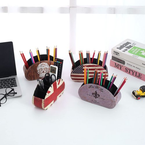 LINKWELL Remote Holder for Table, PU Leather TV Controller Holder with 5 Compartments, Remote Control Holder for Office Supplies, Wooden Look Sugar Skull Halloween Decor PH61