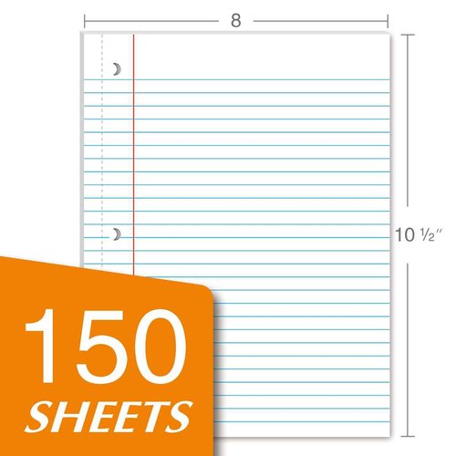 Kaisa loose Leaf Paper Filler Paper 150 Sheets 8"x10.5",Wide Ruled, 3-Hole Punched for 3-Ring Binders, Carton of 12pack