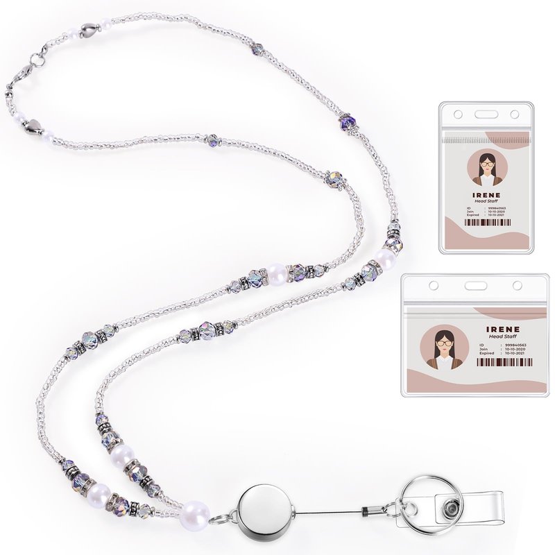 Teacher Lanyards for Id Badges and Keys, Beaded Badge Lanyard with Retractable Reel Pearl Necklace Cute Lanyards for Women