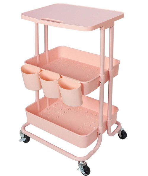 3 Tier Rolling Cart with Table Top, Pink Office School Supplies Carts with Hanging Cups and Hooks, Multi-Functional Storage Trolley, Metal Frame with Plasitc Trays Mobile Cart with Wheels