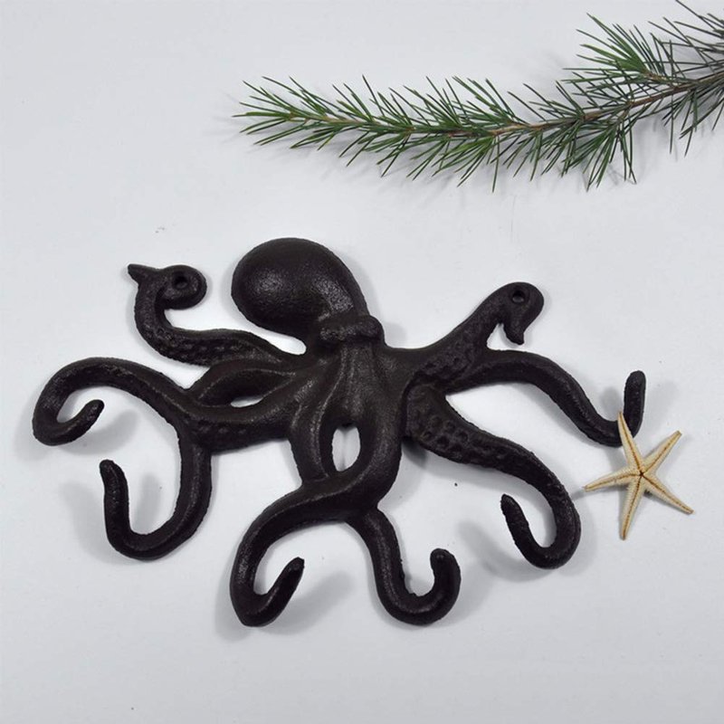 HUAAOTIAN Cast Iron Coat Hooks Rustic Octopus Key Holder Heavy Duty Hooks Wall Mounted with 6 Tentacles for Keys, Towel, Bags, Scarf, Cup, Hat